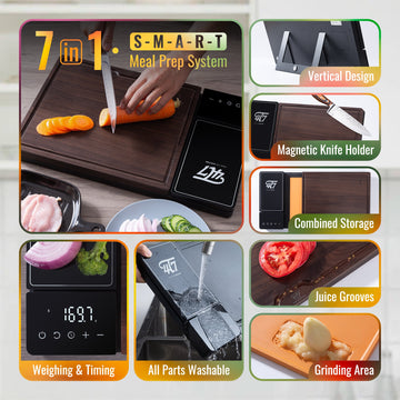 Smart Meal Prep Cutting Board 8 in 1 Functional Bamboo Cutting Board Set  with Knife Sharpener Timing Scale Detachable Waterproof Cutting Board for