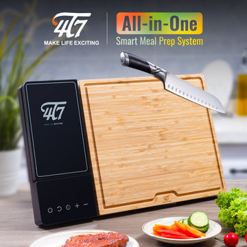 Smart Meal Prep Cutting Board 8 in 1 Functional Bamboo Cutting Board Set  with Knife Sharpener Timing Scale Detachable Waterproof Cutting Board for